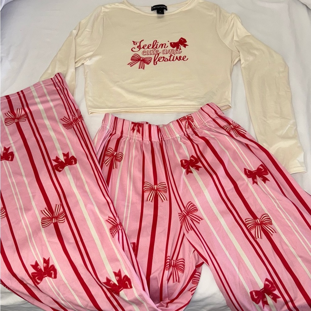 PrettyLittleThing Cream and Pink Bow 2 piece pajama set.
